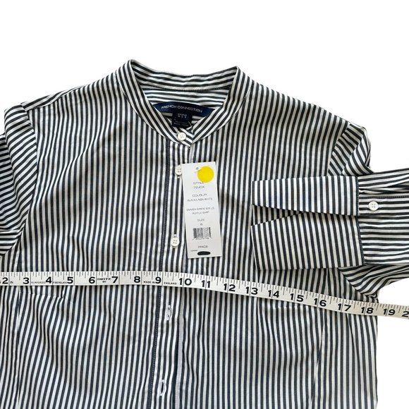 NWT French Connection 6 Black Striped Mandarin Collar Peplum Hem Button Blouse - Picture 7 of 11